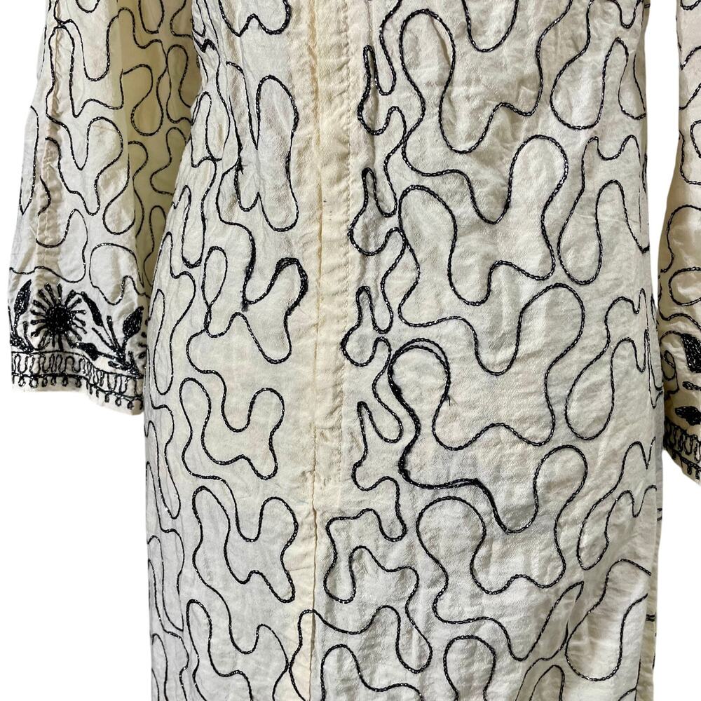 Vintage 70s Kaftan Maxi Dress Cream Black Geometric Embroidered Size Small - Picture 6 of 13